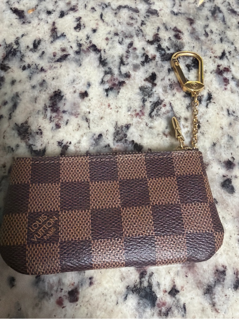 Louis Vuitton Brown Damier Ebene Pouch with Red Logo and Gold Hardware